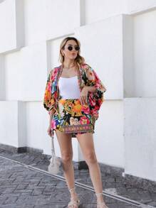 Women's 2 Pc Set (Kimono + Short Skirt), Print - Flowers, Leaves, Birds. . Crepe Fabric, One Size Fits 42, National Shipping, Promotion Day 11.11 Day 12.12 Refresh Your Summer, - 黑色 - 查看 5