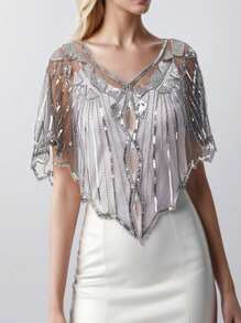 1920 年代复古朋克亮片披肩串珠弹力短披肩和透气网眼覆盖优雅女士连衣裙配饰 - 彩色 - 查看 14