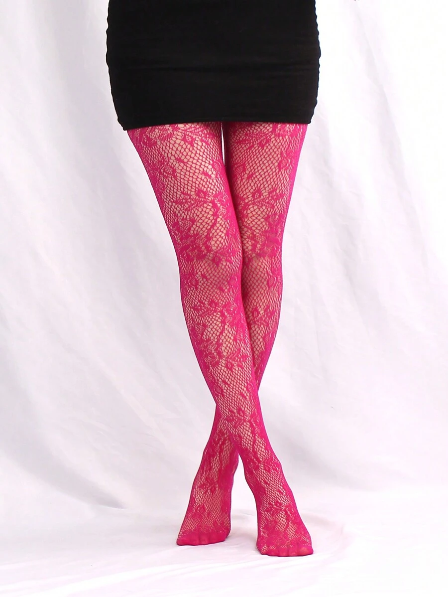 1 Pair Floral Jacquard Fishnet Tights For Women - Hot Pink - View 1