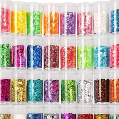 32pcs 32 Colors Rainbow Glitter Chunky And Fine Nail Glitter Mix, Multi -Colors Chunky Sequins & Fine Glitter Powder Mix, Iridescent Glitter Flakes, Cosmetic Face Body Eye Hair Nail Art Resin Tumbler Glitter Loose Glitter Powder In 3 Different Size Mixed Nails