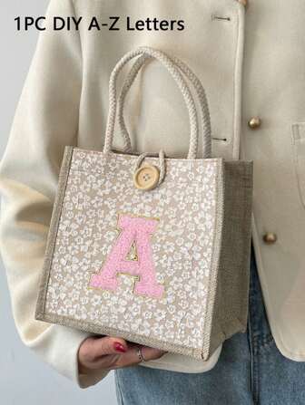 1 Mini Towel Embroidered With Initial Letter Pattern Handbag, Printed Linen Handbag, Small Flower Linen Button Decoration Handbag, Simple Large Capacity Handbag, Portable Leisure Storage Handbag, Multi-Functional Shopping Bag