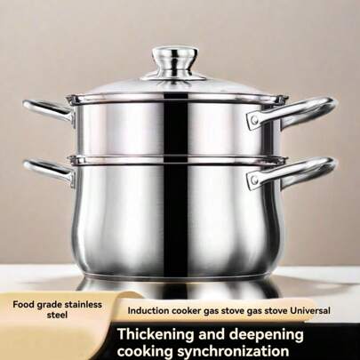 1pc Soup Pot Steamer, Stainless Steel Household 2-Layer Steamer/Soup Pot Thickened 24cm Suitable For Induction Cooker Gas Stove Stockpot Seafood Boil