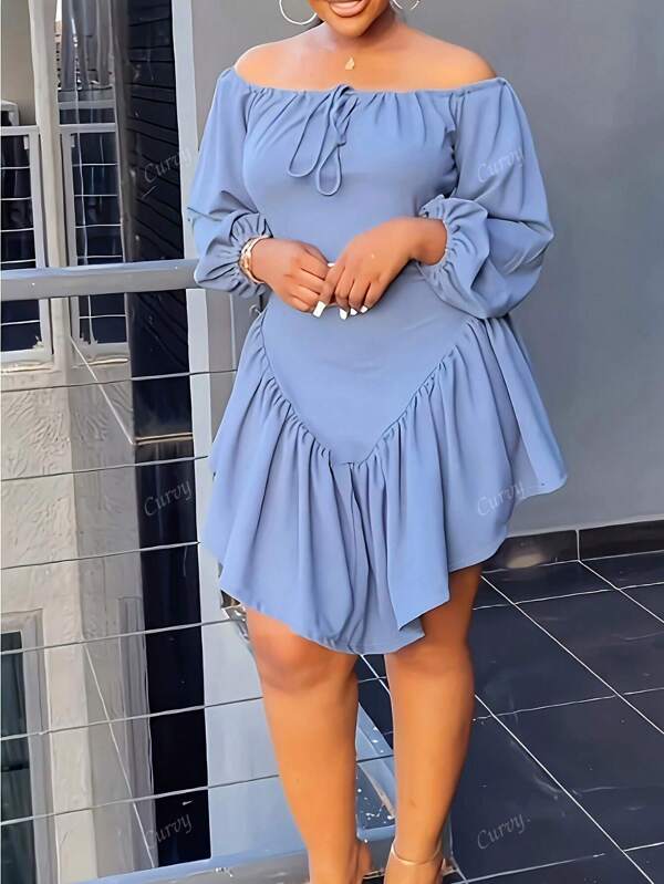 Plus Size Casual Sweet Minimalist Ruffle Trim Solid Color Ruffle Dress