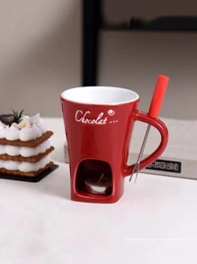 1set Ceramic Chocolate Melting Pot, Cheese And Chocolate Warmer Cup With Fork - Multicolor - View 7