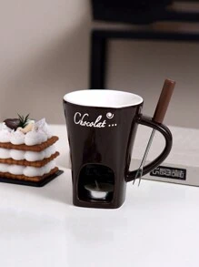1set Ceramic Chocolate Melting Pot, Cheese And Chocolate Warmer Cup With Fork - Multicolor - View 6