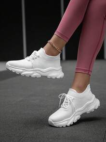 Women's Sports Knit Breathable Lightweight Thick Sole Casual Sneakers, Fashion Classic Daily Versatile Slip-On Outdoor Comfortable Running Shoes - White - View 3