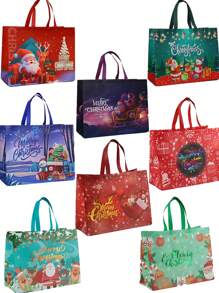 6/8 件圣诞礼品袋可重复使用无纺布袋手提包可折叠印刷和铝箔装饰，各种尺寸适用于圣诞节派对礼物、圣诞节 - 西瓜粉 - 查看 13