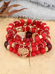 4 sztuki Boho Retro Style White Multi-Layer Pearl, Heart Pendant Women Bransoletki Zestaw
