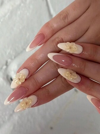 30 件中长款杏仁形法式浪漫 3D 花朵假指甲套装，适合日常佩戴按压式指甲美甲用品