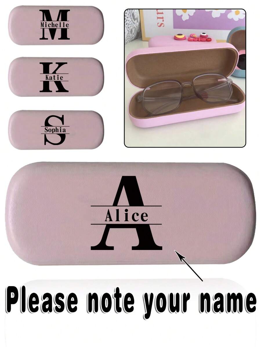 1 Pc Customized Name PU Myopia Glasses Case Hard Shell Eyeglasses Organizer Personalized Protective Presbyopia Eyewear Cover Stress-Resistant Sunglasses Storage Box Unisex Fashion Accessories Ideal For Outdoors - Pink - View 1