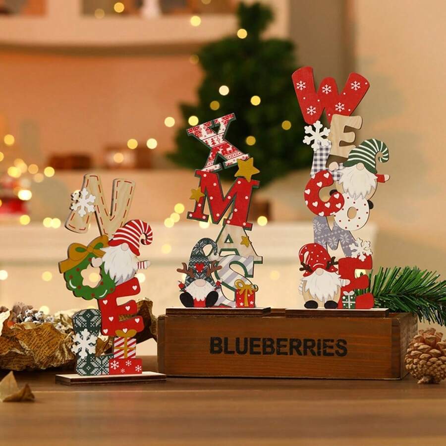 1pc Faceless Wooden Christmas Decor, Colorful Painted Vertical Lettering Tabletop Decoration - Multicolor - View 1