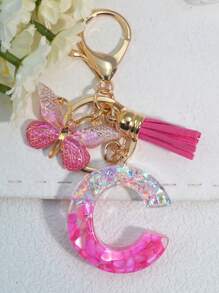 1pc English Letter Key Chain, European And American Style Charm Keychain With Butterfly Tassel Pendant Gift Souvenir Car Accessories Bag Charm School Cute Goth Y2k