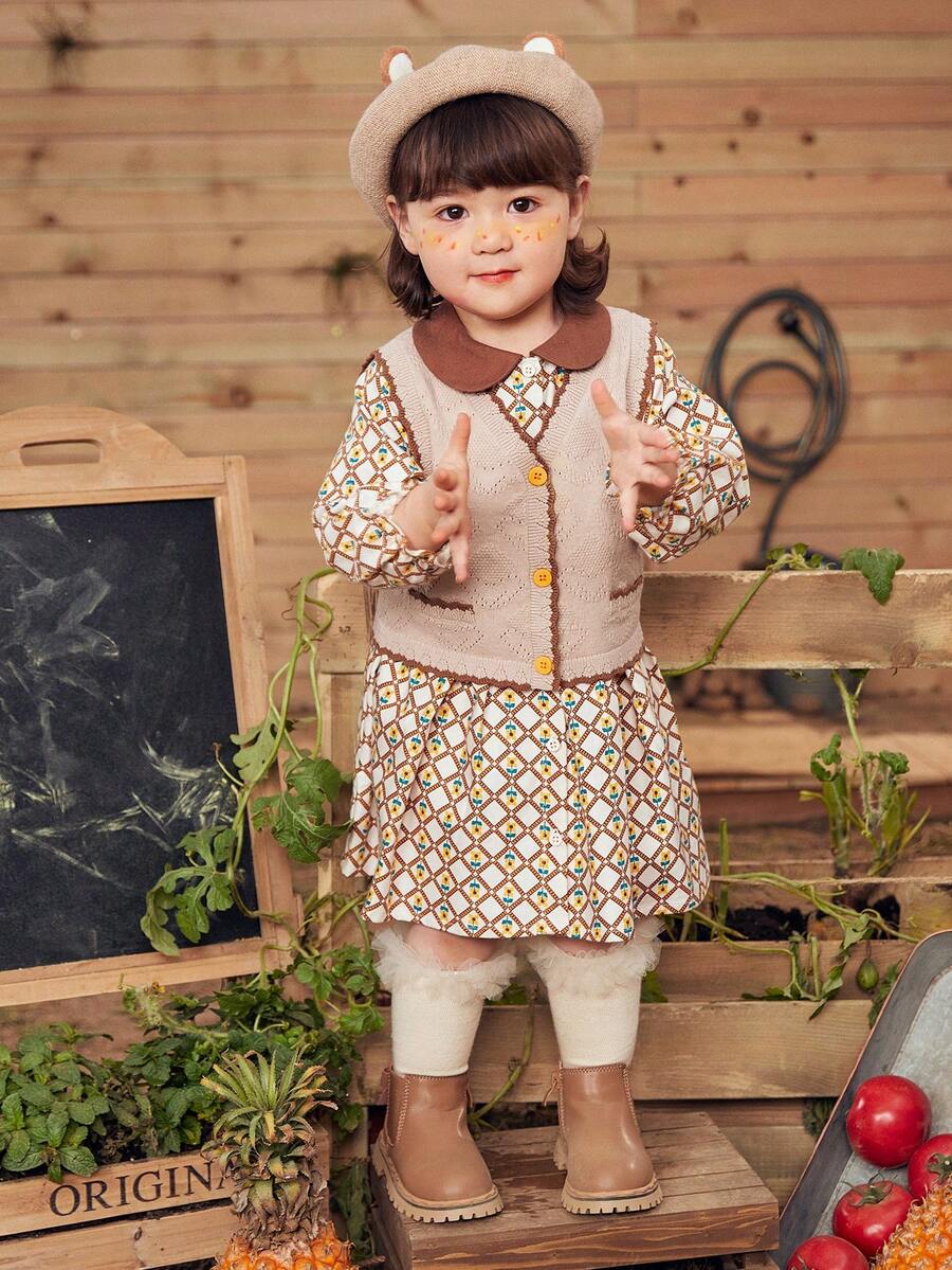 mini bala طقم قطعتين سترة مافروكة للبنات - أصفر - مشاهدة 1