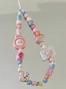 Cordón para teléfono hecho a mano con cuentas y diseño de conejo rosa, suave y encantador, como regalo anti-pérdida para cámara, para madre, familia, amigos, cumpleaños, festividades