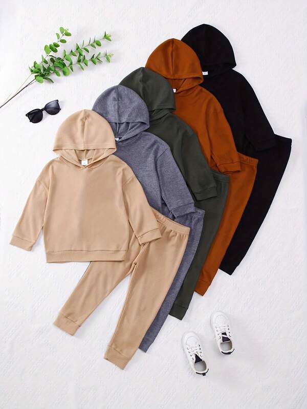 10pcs/Set Young Boy Casual Solid Color Soft Comfortable Waffle Knit Fabric Long Sleeve T-Shirt And Pants With Hooded Set