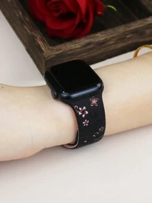 Dây đeo khắc hoa, 41mm 40mm 44mm 45mm 42mm 38mm 49mm 46mm dành cho nữ, họa tiết hoa đáng yêu, dây đeo thể thao bằng silicon mềm, phù hợp với Series 11 10 Se 9 8 7 6 5 4 3 Ultra, thiết kế hoa thời trang - Màu đen với hoa màu hồng - Xem 6