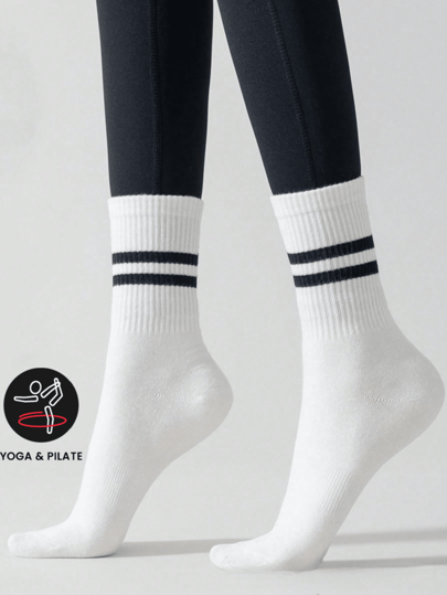 Sports Outdoor 1pair Women Mid-Calf Sports Yoga Socks With Solid Color And Stripe Pattern