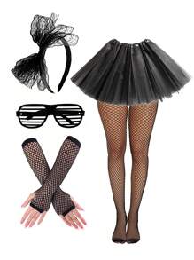 Forever & Moment 2/5 件 80 年代和 90 年代复古霓虹派对服装配饰套装蕾丝蝴蝶结头带性感芭蕾舞裙渔网连裤袜百叶窗眼镜道具适合 80 年代女性舞会派对角色扮演服装配饰 - 多色 - 查看 22