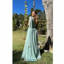 Long Dark Green Shiny Dress Loose Sleeves None Sleeves Single Strap With Slit Rafa - Mint Green - View 1