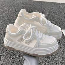 Giày thể thao đế bệt thoáng khí kiểu dáng trường học dành cho nữ, buộc chéo, màu be, dành cho hoạt động ngoài trời và thông thường - Màu be - Xem 2