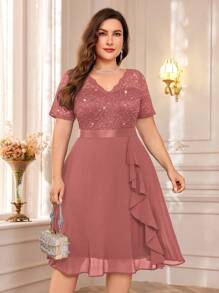 Elegant V-Neck Sequin Lace Contrast Color Chiffon Ruffle Hem Cocktail Party Dress - Dusty Pink - View 2