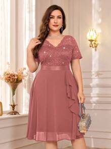 Elegant V-Neck Sequin Lace Contrast Color Chiffon Ruffle Hem Cocktail Party Dress - Dusty Pink - View 4
