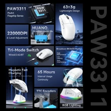 ATTACK SHARK X11 Gaming Mouse with Magnetic Charging Dock, PixArt PAW3311 Gaming Sensor, BT/2.4G Wireless/Wired Gaming Mouse, 22000 dpi, Office Mice Gamer Mice for Win11/Xbox/PS4/5 - Blanco - Ver 7