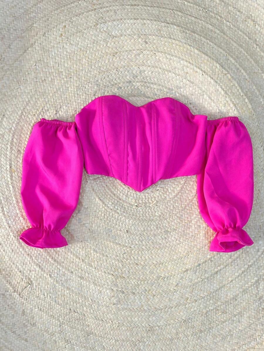 Tailored Cropped Top With Half Sleeves With Bulges And Flounces And Ties At The Back - Màu Hồng Tươi - Xem 1