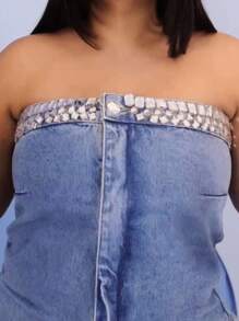 Short Strapless Jumpsuit With Rhinestones - 藍色 - 查看 4