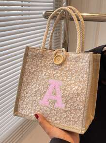 1 Mini Towel Embroidered With Initial Letter Pattern Handbag, Printed Linen Handbag, Small Flower Linen Button Decoration Handbag, Simple Large Capacity Handbag, Portable Leisure Storage Handbag, Multi-Functional Shopping Bag