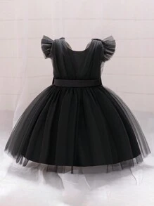 Baby Girls' Solid Color Mesh Back Bow Decor Tutu, Cute & Flower Girl Dress For Outdoor Party, Without Headpiece