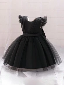 Baby Girls' Solid Color Mesh Back Bow Decor Tutu, Cute & Flower Girl Dress For Outdoor Party, Without Headpiece