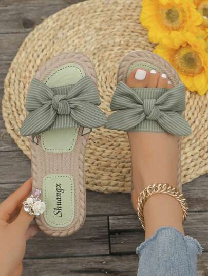 女士蝴蝶结装饰平底凉鞋，轻便夏季拖鞋，防滑女士沙滩鞋