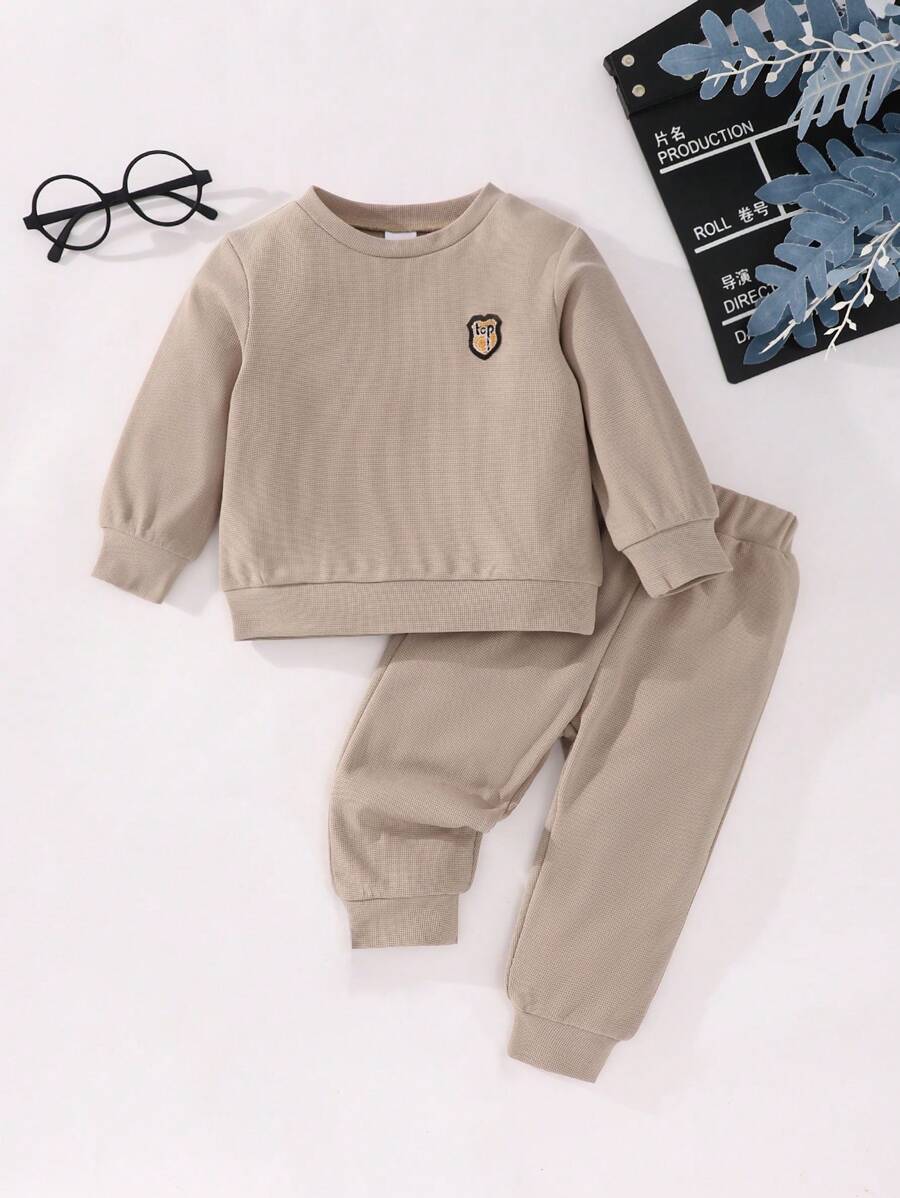 男婴 2 件套华夫格运动衫和裤子套装，休闲长袖套装，春秋装 - 摩卡棕 - 查看 1