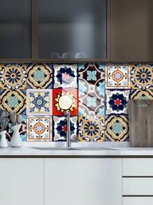 10 pièces Autocollant mural imitation carreau céramique imprimé de motif floral en PVC, papier peint autocollant en mosaïque DIY, décoration murale imperméable anti-saleté pour la cuisine, la salle de bain et le salon
