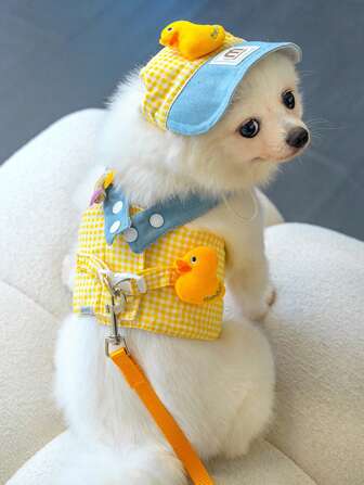 3 件套宠物可爱背带、牵引绳和帽子套装，可爱小鸭图案装饰，夏季户外胸部和背部套装，适合可爱的狗和猫