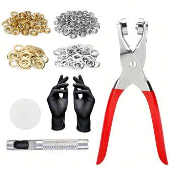 12mm / 0.47inch Metal Grommet Pliers Tool Kit, Including Pliers, Hole Punch, Punch Pad, 150 Metal Grommets, Industrial Rubber Gloves, 100 Golden Metal Grommets, 100 Silver Metal Grommets, Applicable For Bags, Leather, Shoes, Hats, Tents, Advertising Cloth
