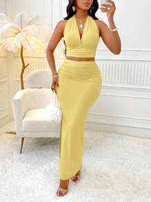 Solid Color Deep V-Neck Backless Tied Cropped Vest Top&Slim Pleated Side Slit Long Skirt,Fashionable Two Pieces Set - Yellow - View 6