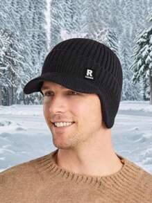 1pc Winter Knit Beanie Hat, Korean Style Men's Warm Ear Protection Visor Baseball Cap Fall Outfit - A - View 3