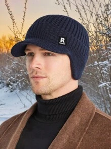1pc Winter Knit Beanie Hat, Korean Style Men's Warm Ear Protection Visor Baseball Cap Fall Outfit - A - View 1