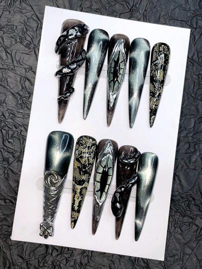 10 Pieces Of Hand-Painted Nails, Long Pointed Nails, 3D Snake Hand-Painted Snake Pattern, Shiny Silver Magic Mirror Powder Heavy Industry Inlaid With Dark Personalized False Nails, High Quality, Simple Design Nails, Jump Color Nails, All Covered With False Nails Press On Nails Nail Supplies Nails Handmade Press On Nails