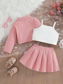 3 件装女婴时尚纹理面料短外套，翻领，基本款吊带背心和不对称褶裙，带装饰纽扣，秋冬 - 粉色 - 查看 2