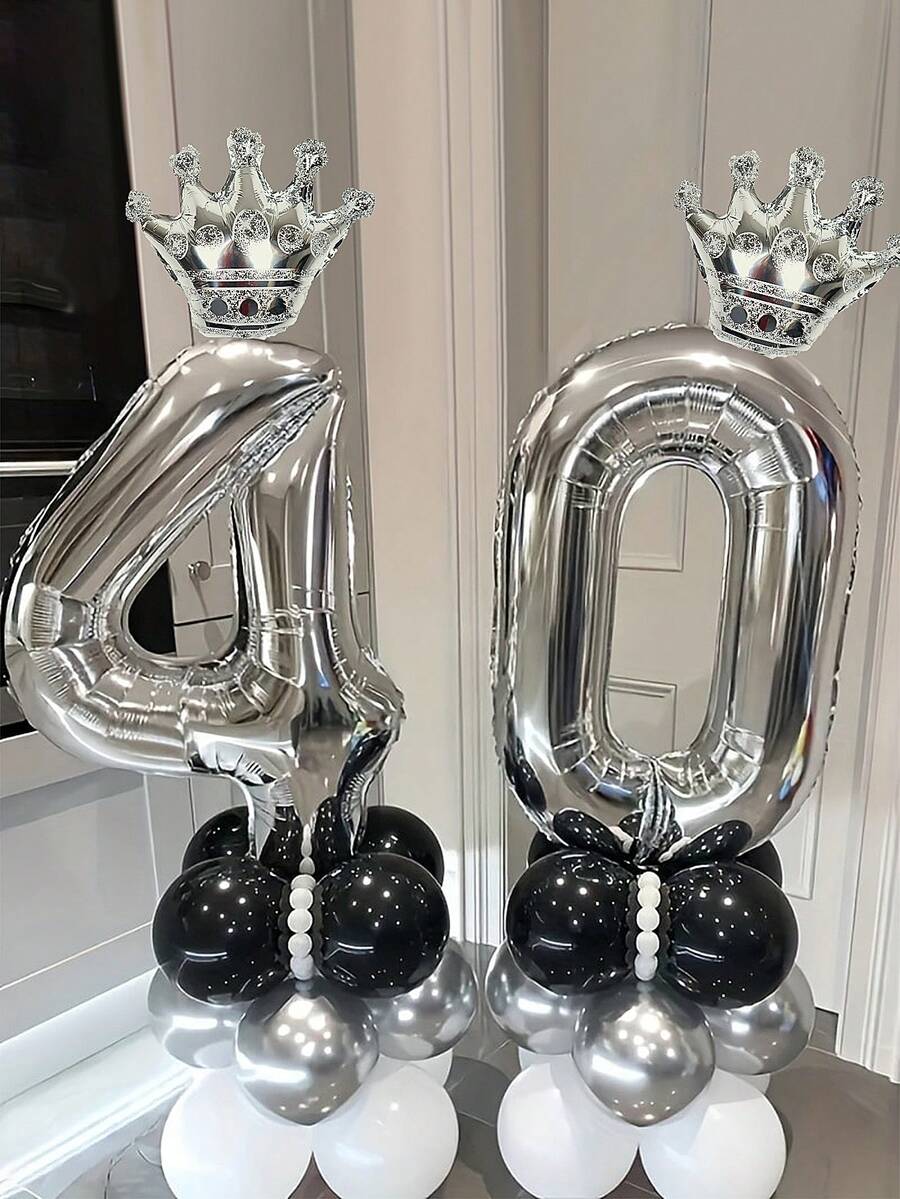 19 piezas Columnas de globos con número de 40 pulgadas en plata, incluye globos con números de 40 pulgadas, globos con corona y globos de látex blanco-negro-plata, globos decorativos de cumpleaños en plata para eventos de celebración como cumpleaños, graduación, aniversario, baby shower, sesión fotográfica - Multicolor - Ver 1