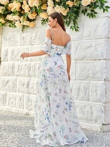 Women Open Shoulder Floral Print Dress - White - View 2