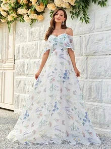 Women Open Shoulder Floral Print Dress - White - View 5