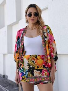 Women's 2 Pc Set (Kimono + Short Skirt), Print - Flowers, Leaves, Birds. . Crepe Fabric, One Size Fits 42, National Shipping, Promotion Day 11.11 Day 12.12 Refresh Your Summer, - 黑色 - 查看 3