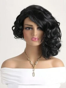 14英寸合成纖維女性時尚自然長卷黑色假髮與側邊瀏海，適合日常穿著 - 黑色 - 查看 5