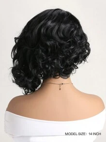 14英寸合成纖維女性時尚自然長卷黑色假髮與側邊瀏海，適合日常穿著 - 黑色 - 查看 6