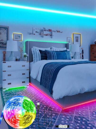 1条1米/3米/5米/10米彩色RGB灯串，LED家居装饰氛围夜灯，三键开关，适用于房间装饰、派对装饰（不含遥控器）