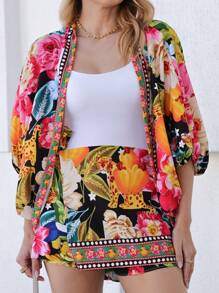 Women's 2 Pc Set (Kimono + Short Skirt), Print - Flowers, Leaves, Birds. . Crepe Fabric, One Size Fits 42, National Shipping, Promotion Day 11.11 Day 12.12 Refresh Your Summer, - 黑色 - 查看 1